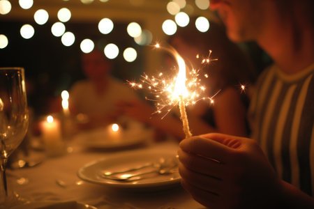 a close up of a holding a burning sparkler at a Christmas dinner party symbolizes holidays and celebrations. Generative AIの素材