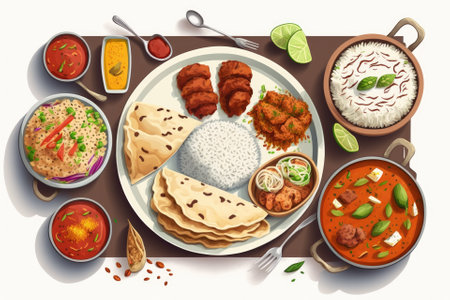 Typical curry set meal of meals south India with Chicken Tandoori, Mutton Curry, Subji (Vegetarian Curry),Papadum,Nan,Raita (Yogurt with cucumber),Mutter Paneer ,and Pulao Rice. Generative AIの素材