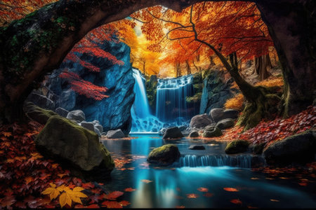 amazing waterfall in a vibrant forest in the fall. Generative AIの素材