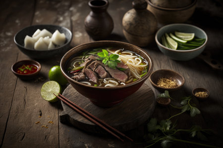 Vietnamese pho bo soup served on a wooden table with Asian noodles and beef. Generative AIの素材