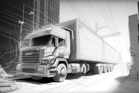 Truck scene in the future with a wireframe crossroads ( Illustration). Generative AIの素材