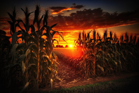 sunrise over the corn field. Generative AIの素材