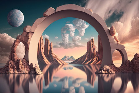 abstract background with a panorama. Fantastic scene with clouds, water, rocks, and a mirror arch. Sky with a soft gradient. Wallpaper with a basic visual appeal. Generative AIの素材