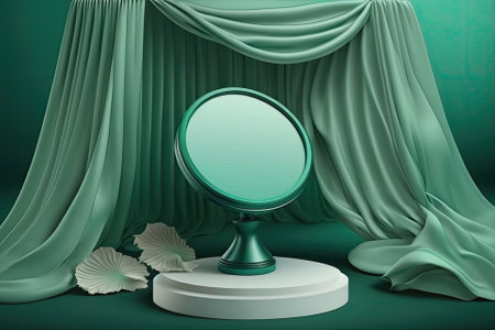 platform for displays, with a green background, a round frame pedestal, and a fluttering silk fabric curtain. Cosmetic and beauty goods display stand. posh feminine template for advertising. Generative AIの素材