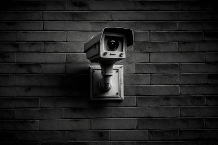 security camera surveillance on walls in public spaces and areas watches over citizens, tourists, and travelers while keeping an eye out for illegal activity to protect and identify undesirable people. Generative AIの素材