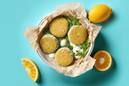 top view of fresh chickpea falafel with tzatziki sauce. Generative AIの素材