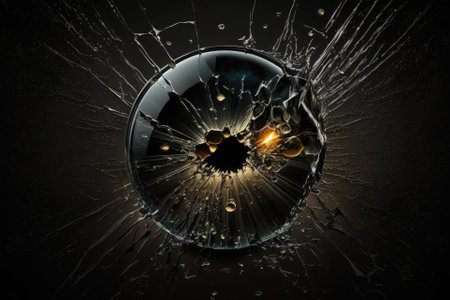 glass with a bullet hole in it, close up, on a dark background. Generative AIの素材