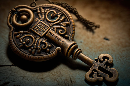 macro image of an old key in a lock. throwback fashion Concept and idea for a background in business, security, and history. Text to be Written Here. Generative AIの素材