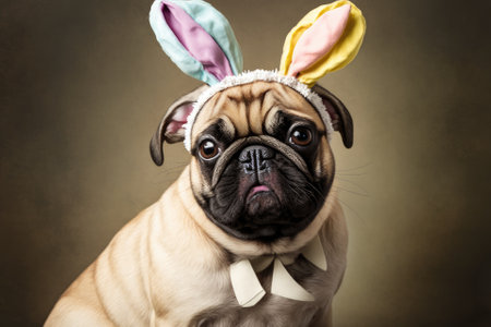 Pug dog in fawn hue wearing headband made of multicolored easter eggs and bunnies. Generative AIの素材