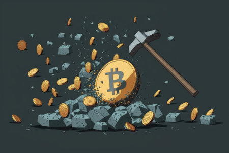 On a gray background, an illustration of a pickaxe smashing a stone with priceless golden coins and the bitcoin sign shows cryptocurrency mining. Generative AIの素材