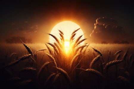 Sun behind a wheat field. Generative AIの素材