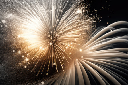fireworks on an abstract gold and silver glitter background. Christmas and July 4th holiday concepts. Generative AIの素材