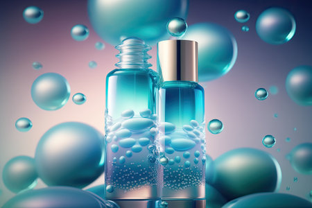 Blue Serum cosmetics bubbles against a blurred background. Design of collagen bubbles. Essentials of Moisturizing and Serum Concept. Concept of vitamins for beauty and health. Generative AIの素材