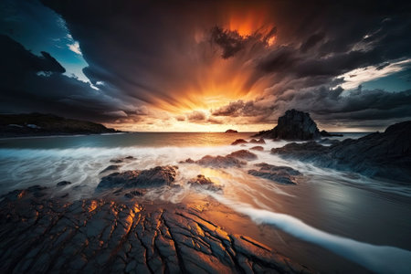 Dramatic sky seascape sunrise or sunset scenery view captured in a long exposure Stunning natural lighting background. Generative AIの素材