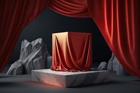Background for a luxury product placement scene featuring a red cloth float and a stone cube podium on a marble table. Mockup for a high end beauty and fashion product display. Flying silk fabric in a. Generative AIの素材