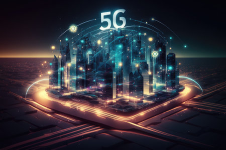 In a smart city, the internet and contemporary creative communication are connected. Future internet of things and wireless 5G connectivity concept. Generative AIの素材