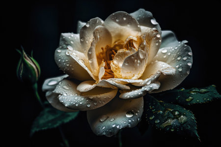 A moist white rose with golden tones captured in macro. After rain flower with raindrops on its vibrant petals, isolated on a dark, blurry background. creative post processing of a toned photograph. Generative AIの素材