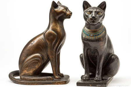 A facsimile of the Egyptian cat goddess Bastet is displayed alongside a real European tabby cat for comparison on a white background in a studio. Generative AIの素材