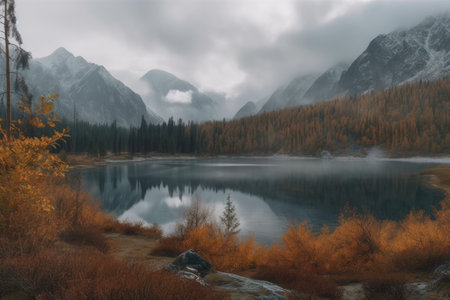 A cloudy autumn day at Lake Cicely Altai in Siberia. Taiga, a stunning sky, haze, snow capped mountains, and a panoramic view. Generative AIの素材