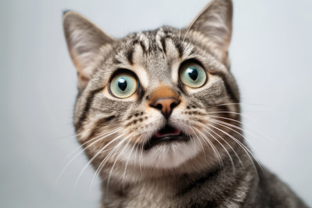 A picture of a perplexed cat close up of a Scottish straight person on a white background. Generative AIの素材