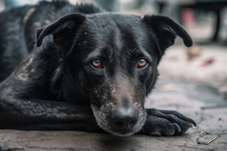 Animal welfare and abandoned animals are the focus of this image of a homeless black dog with sorrowful eyes lying on the ground in the street. Generative AIの素材