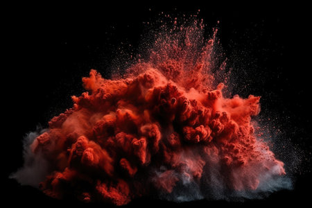 An eruption of red dust particles over black that looks like snow or a pyrotechnic display. An explosion of color in close up, isolated on black. Generative AIの素材
