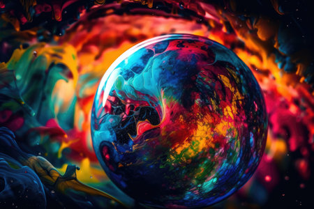 A starry sky and an abstract multicolored psychedelic planet can be seen in a virtual reality environment. a close up of a soap bubble that resembles an alien planet in space. Generative AIの素材
