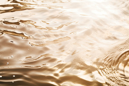 Background of an abstract summer banner rippled and splashed transparent beige clear water surface texture. Water waves in the sunlight, top view, copy space. Cosmetics micellar toner and moisturizer. Generative AIの素材