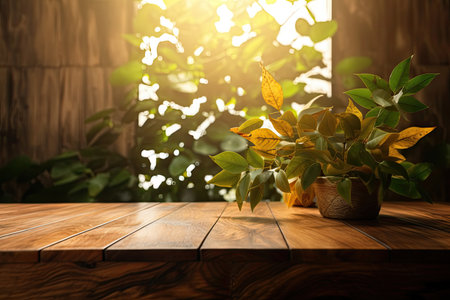 Beautiful sunshine on a teak wood wall decoration panel can be seen in the background of a magnificent wooden table backdrop used for product displays. a counter. Generative AIの素材
