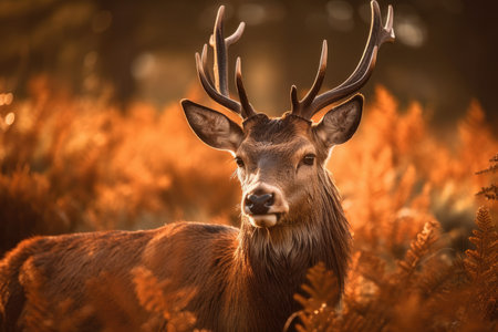 A Red deer (Cervus elaphus) up close and personal at dawn in the UK. Generative AIの素材