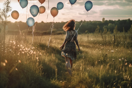 At dusk, a girl running on a field carrying balloons Woman enjoying the outdoors. Generative AIの素材