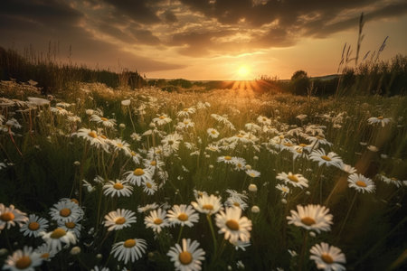 At dusk, a field of white daisies. Generative AIの素材