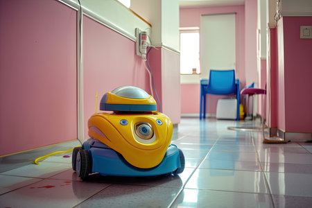 Automatic robot washer cleaning equipment. Creative design cyborg toy mopping clean up with vacuum cleaner machine, yellow mop, bucket of suds water. Blue floor pink wall interior room. Generative AIの素材