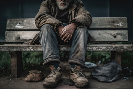 A low angle close up of a homeless man sleeping on a bench with his rotten, filthy feet crossed and his torn shoes serves as the background. Generative AIの素材