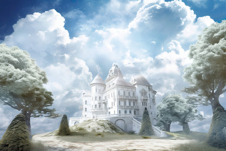 Beautiful white marble palace depicted in a raster image among the clouds. A large, surrounding garden, a castle hovering in the sky, a heavenly fortification, and a royal residence. Idea of magic rea. Generative AIの素材