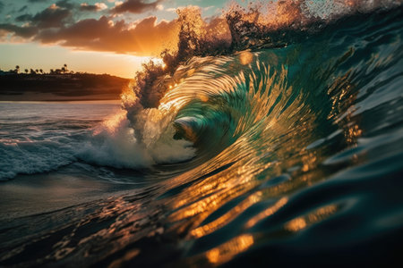 Bright Ocean Wave. sea water with a crest. Beautiful clouds and sunset light in the background. Generative AIの素材