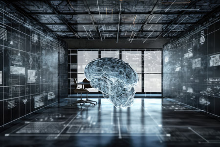 A modern presentation room features a creative artificial intelligence concept with a sketch of the human brain on the screen. Generative AIの素材