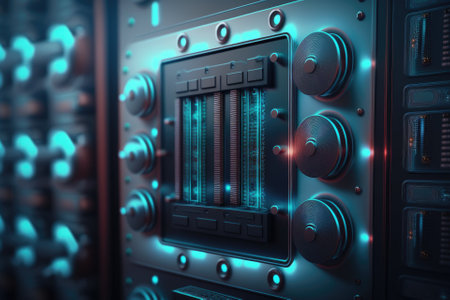 Data center server and array disk storage with depth of field in cool tones. Generative AIの素材