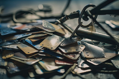 Credit card phishing. Piles of credit cards with a fish hook on computer keyboard. Credit card phishing scam with credit card in fishing hook. Generative AIの素材