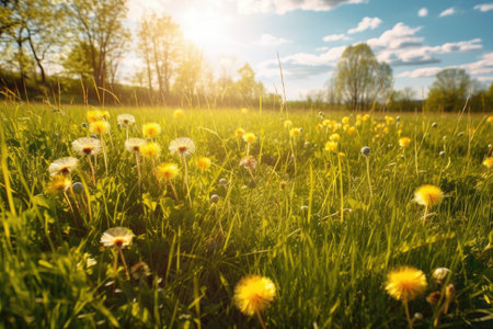 Beautiful bright natural image of fresh grass spring meadow with dandelions with blurred background and blue sky with clouds. Generative AIの素材