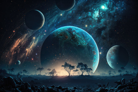 Darkness in the night sky, planets, and stars. Generative AIの素材