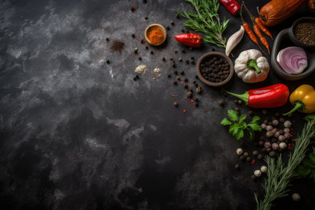 Background of black stone cooking. veggies and spices. looking up. Leave room for your text. Generative AIの素材
