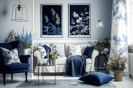 Cozy blue and white living room with flowery patterns on pillows and posters. Generative AIの素材