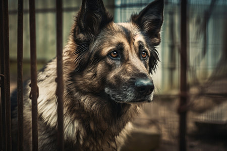 Big, dejected shepherd in a vintage aviary. Styled, tonal image. Generative AIの素材