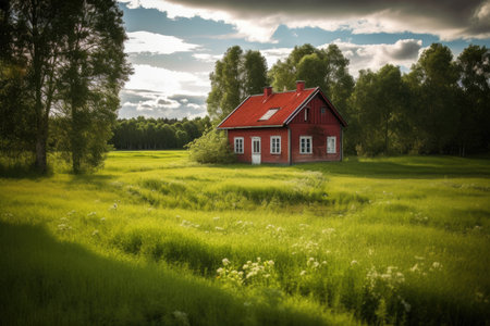 Beautiful red house on a green field grass in Sweden. Generative AIの素材