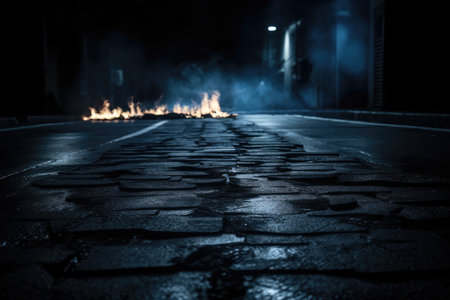 Dark street asphalt abstract dark blue background, empty dark scene, the flame is burning with smoke float up the interior texture for display products. Generative AIの素材