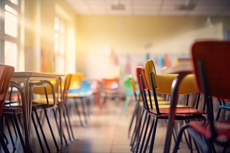 Blur abstract background of kindergarten classroom. Blurred image of empty elementary room. Blurry view of primary class without student and chairs up on tables side view. Defocused school classroom. Generative AIの素材