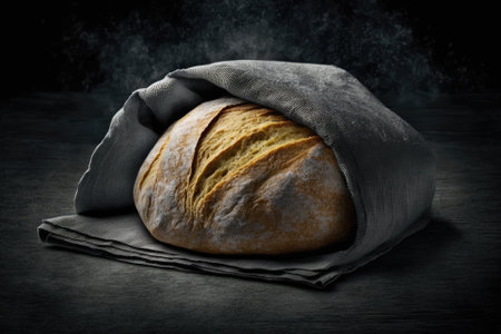 Freshly made loaf of bread on a brown cotton kitchen towel, isolated on a background of dark grey stone. Generative AIの素材