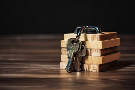 Concept of Money and Security. Close up of a wooden master key lock icon with a copy space on a stack of money. Generative AIの素材