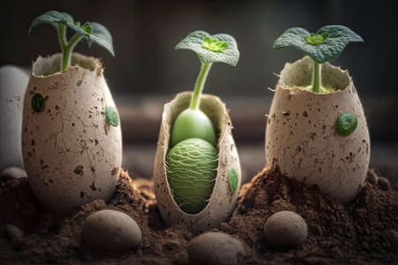 Cucumber seedlings growing in eggshells. Green gardening Reuse. environmental consciousness in daily life. Zero waste, no plastic concept. Springtime. Easter. Generative AIの素材